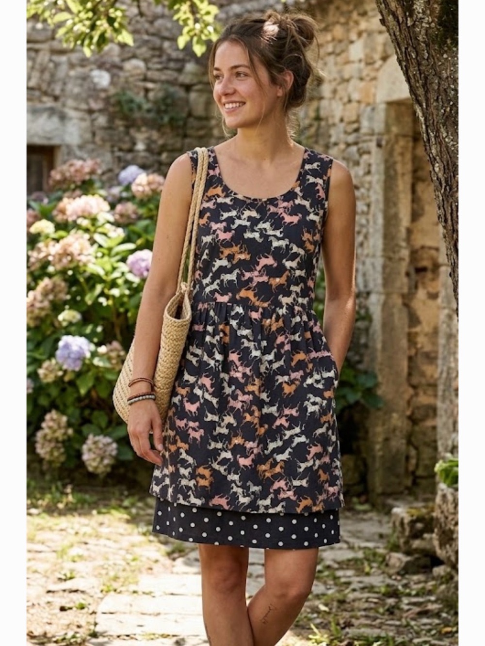 Anthropologie Porridge Petaluma Horse Print Peep Hem Dress Sz M Polka Dot